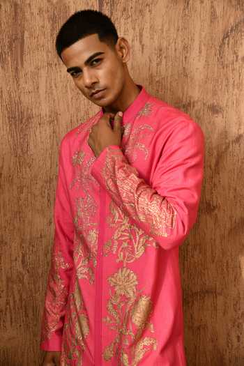 Buy_Sulakshna Jasra_Pink Cotton, Tussar Embroidered Tusser Kurta Set _Online_at_Aza_Fashions