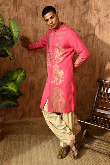 Shop_Sulakshna Jasra_Pink Cotton, Tussar Embroidered Tusser Kurta Set _Online_at_Aza_Fashions