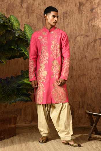 Sulakshna Jasra_Pink Cotton, Tussar Embroidered Tusser Kurta Set _at_Aza_Fashions