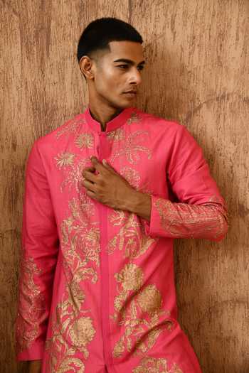 Buy_Sulakshna Jasra_Pink Cotton, Tussar Embroidered Tusser Kurta Set 