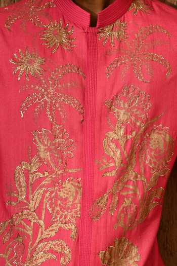 Shop_Sulakshna Jasra_Pink Cotton, Tussar Embroidered Tusser Kurta Set 
