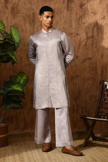 Buy_Sulakshna Jasra_Lavender Cotton, Satin, Linen, Polyester Embroidered Sherwani And Pant Set _Online_at_Aza_Fashions