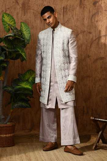 Shop_Sulakshna Jasra_Lavender Cotton, Satin, Linen, Polyester Embroidered Sherwani And Pant Set _Online_at_Aza_Fashions