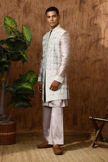 Sulakshna Jasra_Lavender Cotton, Satin, Linen, Polyester Embroidered Sherwani And Pant Set _at_Aza_Fashions