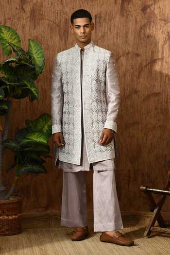 Buy_Sulakshna Jasra_Lavender Cotton, Satin, Linen, Polyester Embroidered Sherwani And Pant Set 