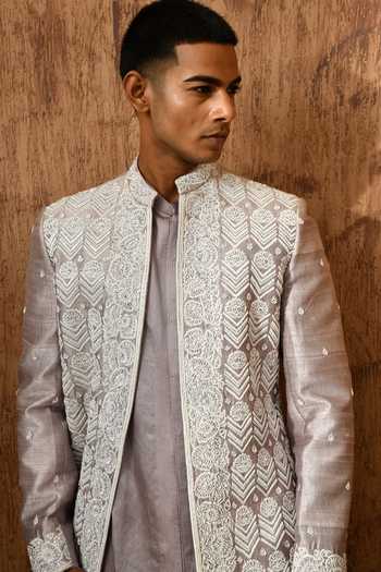 Shop_Sulakshna Jasra_Lavender Cotton, Satin, Linen, Polyester Embroidered Sherwani And Pant Set 