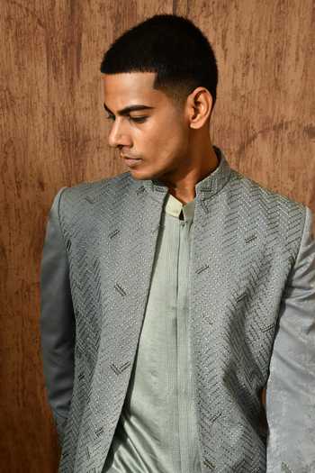 Shop_Sulakshna Jasra_Green Mettalic Sherwani Set _Online_at_Aza_Fashions