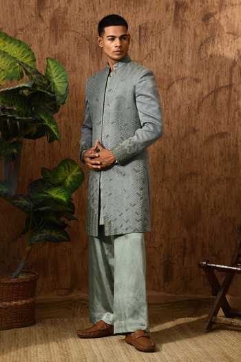 Sulakshna Jasra_Green Mettalic Sherwani Set _at_Aza_Fashions