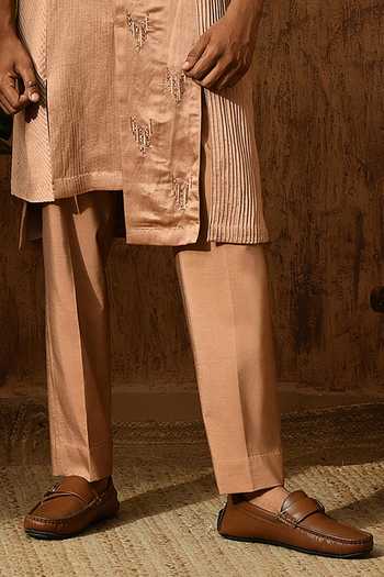 Sulakshna Jasra_Rose Gold Satin, Linen Kurta And Pyjama Set _Online_at_Aza_Fashions