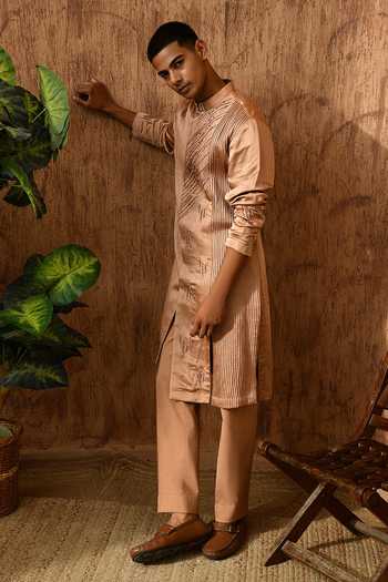 Buy_Sulakshna Jasra_Rose Gold Satin, Linen Kurta And Pyjama Set _Online_at_Aza_Fashions