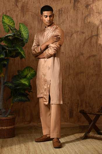 Shop_Sulakshna Jasra_Rose Gold Satin, Linen Kurta And Pyjama Set _Online_at_Aza_Fashions