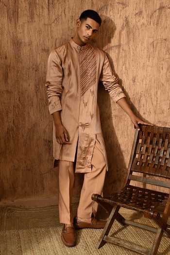 Sulakshna Jasra_Rose Gold Satin, Linen Kurta And Pyjama Set _at_Aza_Fashions