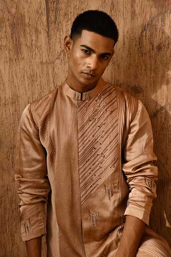 Buy_Sulakshna Jasra_Rose Gold Satin, Linen Kurta And Pyjama Set 