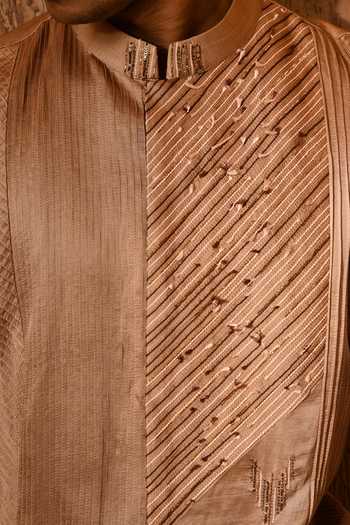 Shop_Sulakshna Jasra_Rose Gold Satin, Linen Kurta And Pyjama Set 