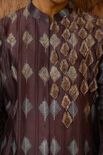 Shop_Sulakshna Jasra_Wine Chanderi Embroidered Kurta And Pyjama Set _Online_at_Aza_Fashions