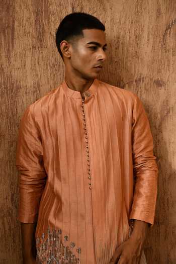 Shop_Sulakshna Jasra_Peach Cotton, Chanderi Pittawork Kurta And Pyjama Set _Online_at_Aza_Fashions