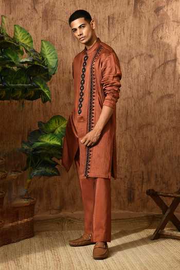 Sulakshna Jasra_Brown Satin, Linen Threadwork Kurta And Pyjama Set _Online_at_Aza_Fashions