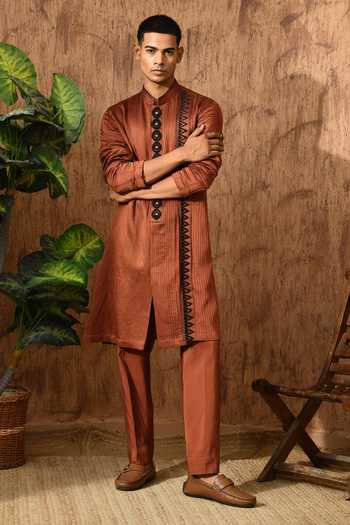 Buy_Sulakshna Jasra_Brown Satin, Linen Threadwork Kurta And Pyjama Set _Online_at_Aza_Fashions