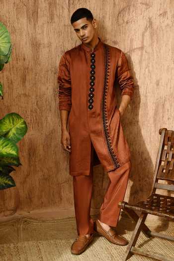 Shop_Sulakshna Jasra_Brown Satin, Linen Threadwork Kurta And Pyjama Set _Online_at_Aza_Fashions