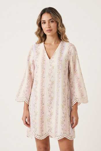 Verano By Tanya Multi Color Cotton, Linen V-neck Sage Botanical Print Short Dress Online at Aza Fashions Verano By Tanya_Multi Color Cotton, Linen V-neck Sage Botanical Print Short Dress _Online_at_Aza_Fashions