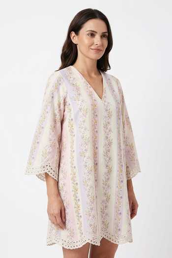 Shop Verano By Tanya Multi Color Cotton, Linen V-neck Sage Botanical Print Short Dress Online at Aza Fashions Shop_Verano By Tanya_Multi Color Cotton, Linen V-neck Sage Botanical Print Short Dress _Online_at_Aza_Fashions