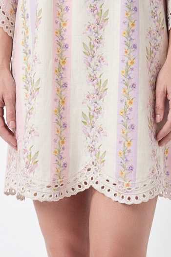 Verano By Tanya Multi Color Cotton, Linen V-neck Sage Botanical Print Short Dress at Aza Fashions Verano By Tanya_Multi Color Cotton, Linen V-neck Sage Botanical Print Short Dress _at_Aza_Fashions