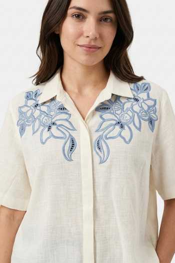 Shop Verano By Tanya Ivory Cotton Collared Neck Luma Botanical Broderie Anglaise Shirt Online at Aza Fashions Shop_Verano By Tanya_Ivory Cotton Collared Neck Luma Botanical Broderie Anglaise Shirt _Online_at_Aza_Fashions