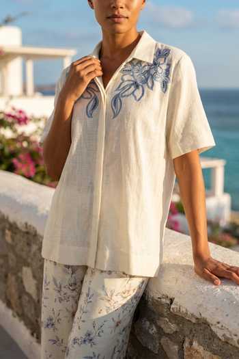 Verano By Tanya Ivory Cotton Collared Neck Luma Botanical Broderie Anglaise Shirt at Aza Fashions Verano By Tanya_Ivory Cotton Collared Neck Luma Botanical Broderie Anglaise Shirt _at_Aza_Fashions