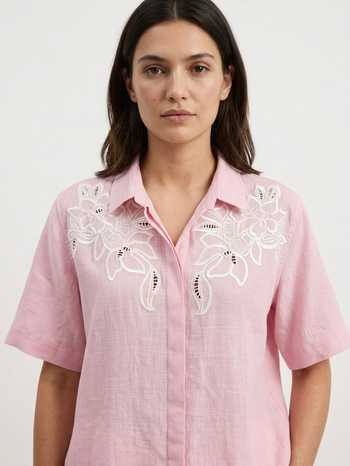 Verano By Tanya Pink Cotton Collared Neck Hana Botanical Broderie Anglaise Shirt Online at Aza Fashions Verano By Tanya_Pink Cotton Collared Neck Hana Botanical Broderie Anglaise Shirt _Online_at_Aza_Fashions