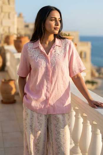 Verano By Tanya Pink Cotton Collared Neck Hana Botanical Broderie Anglaise Shirt at Aza Fashions Verano By Tanya_Pink Cotton Collared Neck Hana Botanical Broderie Anglaise Shirt _at_Aza_Fashions