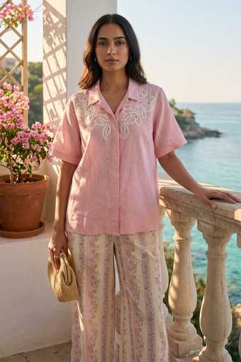 Buy Verano By Tanya Pink Cotton Collared Neck Hana Botanical Broderie Anglaise Shirt Buy_Verano By Tanya_Pink Cotton Collared Neck Hana Botanical Broderie Anglaise Shirt