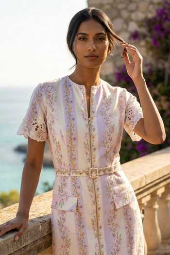 Shop Verano By Tanya Multi Color Cotton, Linen Round Neck Sage Mini Dress With Belt Online at Aza Fashions Shop_Verano By Tanya_Multi Color Cotton, Linen Round Neck Sage Mini Dress With Belt _Online_at_Aza_Fashions