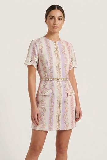 Verano By Tanya Multi Color Cotton, Linen Round Neck Sage Mini Dress With Belt at Aza Fashions Verano By Tanya_Multi Color Cotton, Linen Round Neck Sage Mini Dress With Belt _at_Aza_Fashions