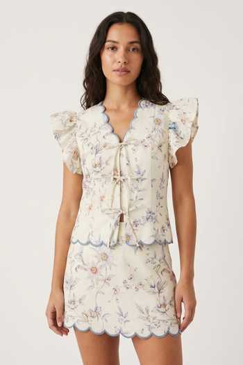 Verano By Tanya Ivory Cotton, Linen V-neck Clea Floral Print Scalloped Shirt Online at Aza Fashions Verano By Tanya_Ivory Cotton, Linen V-neck Clea Floral Print Scalloped Shirt _Online_at_Aza_Fashions