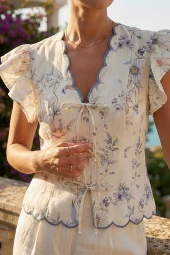Buy Verano By Tanya Ivory Cotton, Linen V-neck Clea Floral Print Scalloped Shirt Online at Aza Fashions Buy_Verano By Tanya_Ivory Cotton, Linen V-neck Clea Floral Print Scalloped Shirt _Online_at_Aza_Fashions