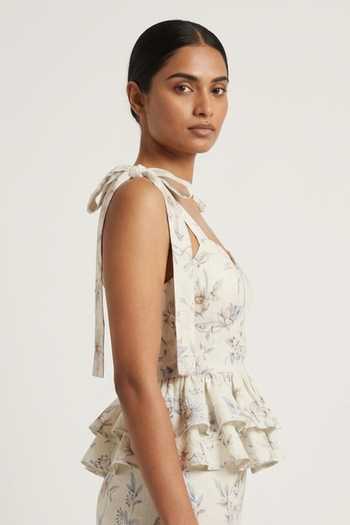Verano By Tanya Ivory Cotton, Linen Sweetheart Neck Clea Floral Print Peplum Top Online at Aza Fashions Verano By Tanya_Ivory Cotton, Linen Sweetheart Neck Clea Floral Print Peplum Top _Online_at_Aza_Fashions