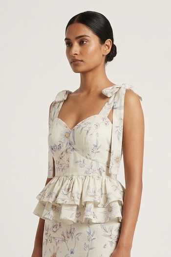 Buy Verano By Tanya Ivory Cotton, Linen Sweetheart Neck Clea Floral Print Peplum Top Online at Aza Fashions Buy_Verano By Tanya_Ivory Cotton, Linen Sweetheart Neck Clea Floral Print Peplum Top _Online_at_Aza_Fashions