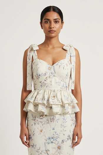Shop Verano By Tanya Ivory Cotton, Linen Sweetheart Neck Clea Floral Print Peplum Top Online at Aza Fashions Shop_Verano By Tanya_Ivory Cotton, Linen Sweetheart Neck Clea Floral Print Peplum Top _Online_at_Aza_Fashions