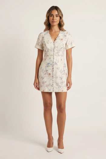 Verano By Tanya Blue Cotton, Linen V-neck Clea Floral Print Short Dress Online at Aza Fashions Verano By Tanya_Blue Cotton, Linen V-neck Clea Floral Print Short Dress _Online_at_Aza_Fashions