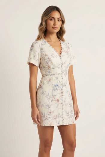 Shop Verano By Tanya Blue Cotton, Linen V-neck Clea Floral Print Short Dress Online at Aza Fashions Shop_Verano By Tanya_Blue Cotton, Linen V-neck Clea Floral Print Short Dress _Online_at_Aza_Fashions