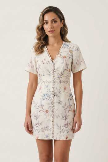 Verano By Tanya Blue Cotton, Linen V-neck Clea Floral Print Short Dress at Aza Fashions Verano By Tanya_Blue Cotton, Linen V-neck Clea Floral Print Short Dress _at_Aza_Fashions