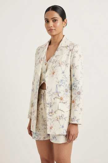 Verano By Tanya Blue Cotton, Linen Collared Neck Clea Floral Print Blazer Online at Aza Fashions Verano By Tanya_Blue Cotton, Linen Collared Neck Clea Floral Print Blazer _Online_at_Aza_Fashions