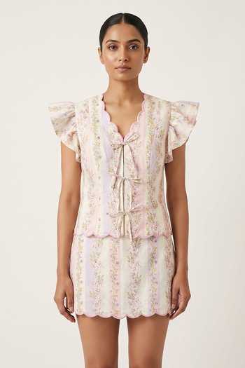 Buy Verano By Tanya Multi Color Cotton, Linen V-neck Sage Floral Print Scalloped Shirt Online at Aza Fashions Buy_Verano By Tanya_Multi Color Cotton, Linen V-neck Sage Floral Print Scalloped Shirt _Online_at_Aza_Fashions