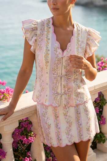 Shop Verano By Tanya Multi Color Cotton, Linen V-neck Sage Floral Print Scalloped Shirt Online at Aza Fashions Shop_Verano By Tanya_Multi Color Cotton, Linen V-neck Sage Floral Print Scalloped Shirt _Online_at_Aza_Fashions