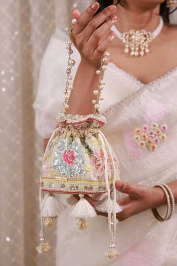 Shop AMYRA Multi Color Embroidery, Sequins, Beads, Pearls, Gulbahar Pastel Mini Potli Shop_AMYRA_Multi Color Embroidery, Sequins, Beads, Pearls, Gulbahar Pastel Mini Potli