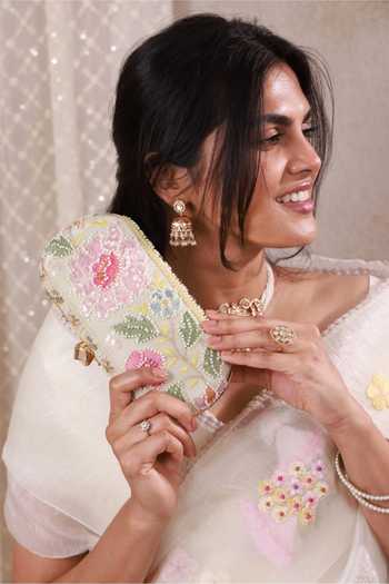 Shop AMYRA Multi Color Gulbahar Embroidered Pastel Capsule Clutch Shop_AMYRA_Multi Color Gulbahar Embroidered Pastel Capsule Clutch