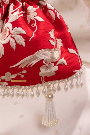 AMYRA Red Embroidery, Beads, Pearls, Tassels Bulbul Potli Online at Aza Fashions AMYRA_Red Embroidery, Beads, Pearls, Tassels Bulbul Potli _Online_at_Aza_Fashions