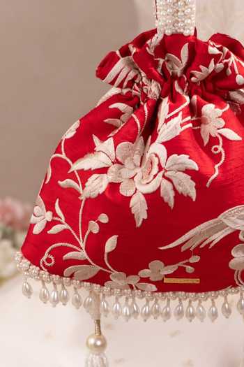 Shop AMYRA Red Embroidery, Beads, Pearls, Tassels Bulbul Potli Online at Aza Fashions Shop_AMYRA_Red Embroidery, Beads, Pearls, Tassels Bulbul Potli _Online_at_Aza_Fashions