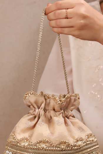 Buy AMYRA Beige Beads, Tassels, Gota Patti, Lace, Metallic Mrida Brocade Woven Potli Online at Aza Fashions Buy_AMYRA_Beige Beads, Tassels, Gota Patti, Lace, Metallic Mrida Brocade Woven Potli _Online_at_Aza_Fashions