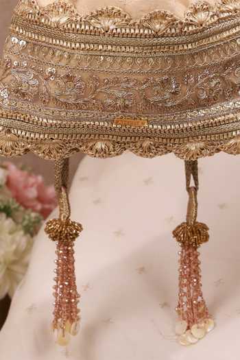 Shop AMYRA Beige Beads, Tassels, Gota Patti, Lace, Metallic Mrida Brocade Woven Potli Online at Aza Fashions Shop_AMYRA_Beige Beads, Tassels, Gota Patti, Lace, Metallic Mrida Brocade Woven Potli _Online_at_Aza_Fashions